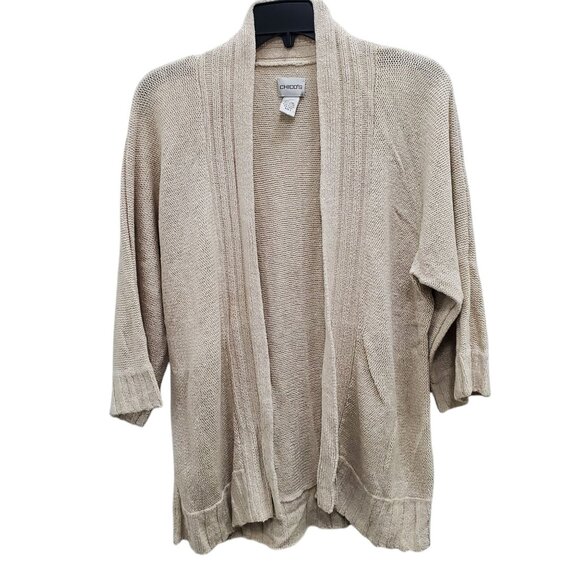 Chico's Women's Cream Soft Linen Blend Knit Open Front 3/4 Sleeve Cardigan 3‎ XL - Picture 1 of 6